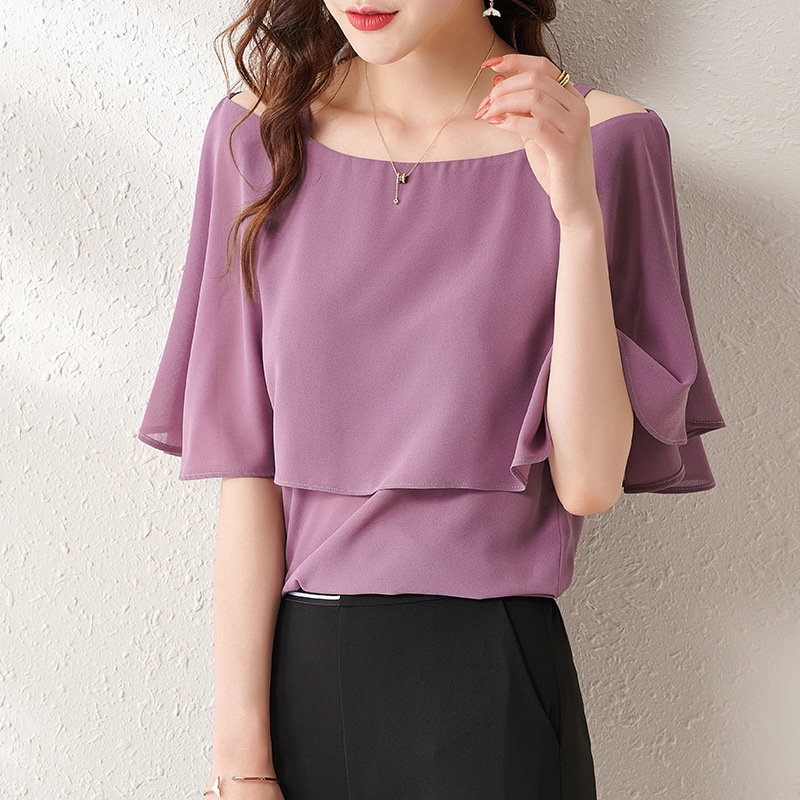 氣質純色短袖一字肩薄雪紡衫