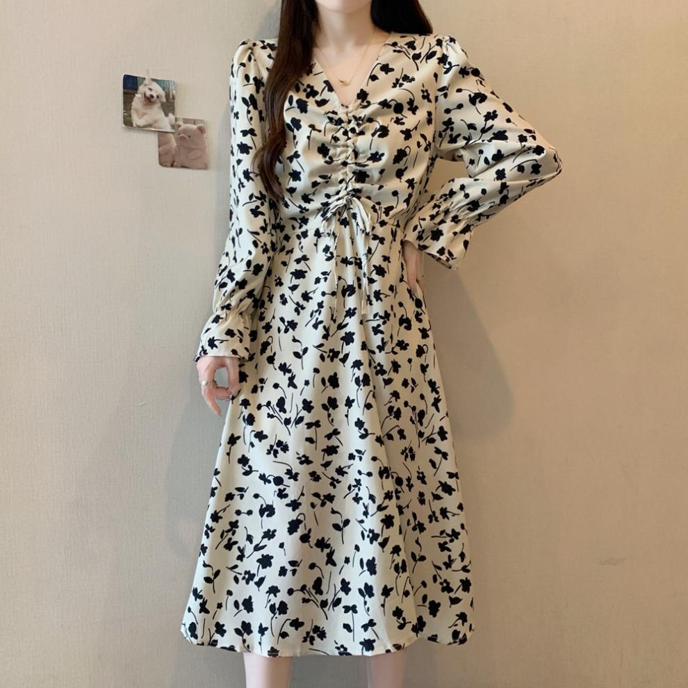 韓版抽繩碎花V領長袖連身裙