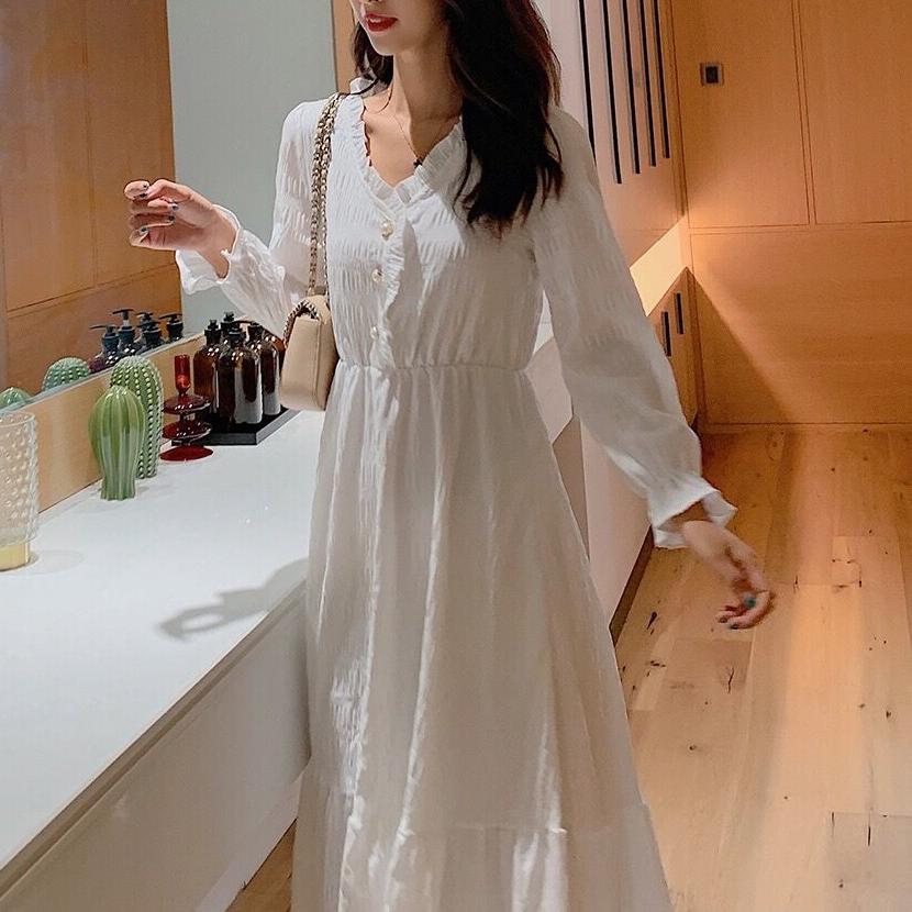 赫本風法式純色長袖連身裙