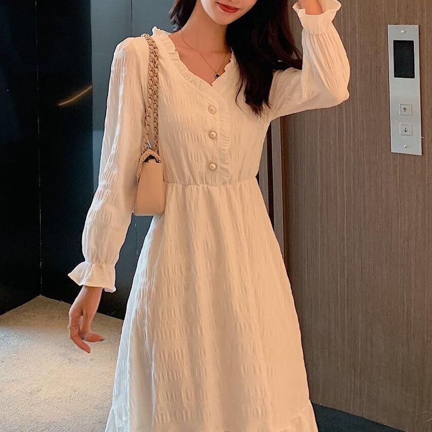 赫本風法式純色長袖連身裙