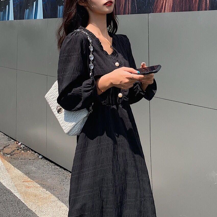 赫本風法式純色長袖連身裙