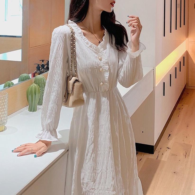 赫本風法式純色長袖連身裙