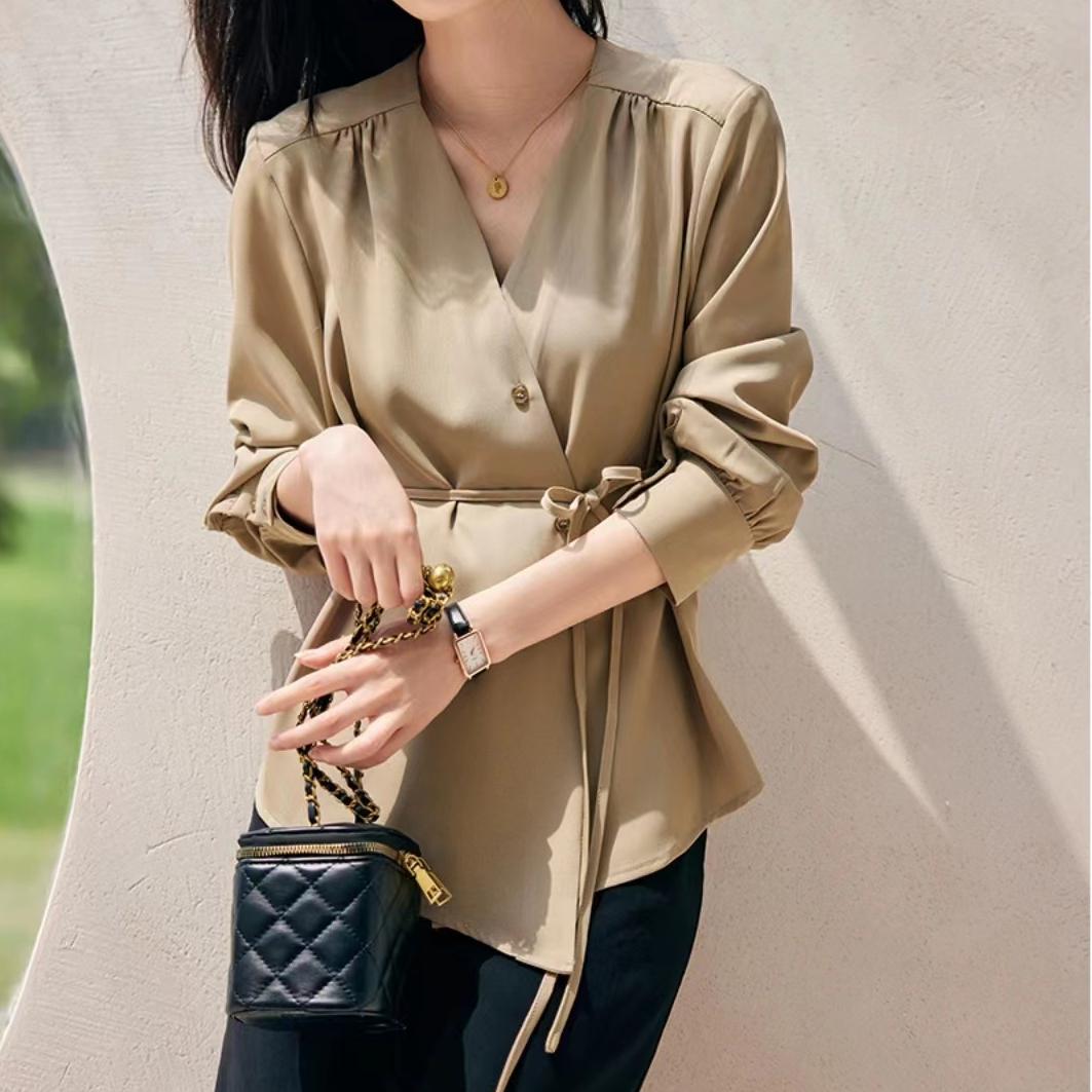 知性優雅純色收腰不對稱襯衫