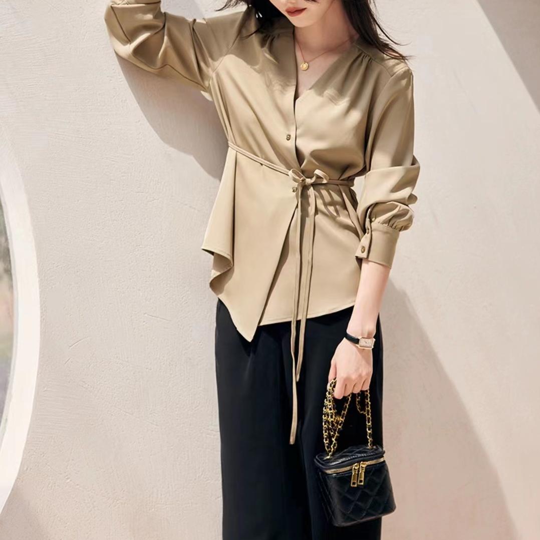 知性優雅純色收腰不對稱襯衫