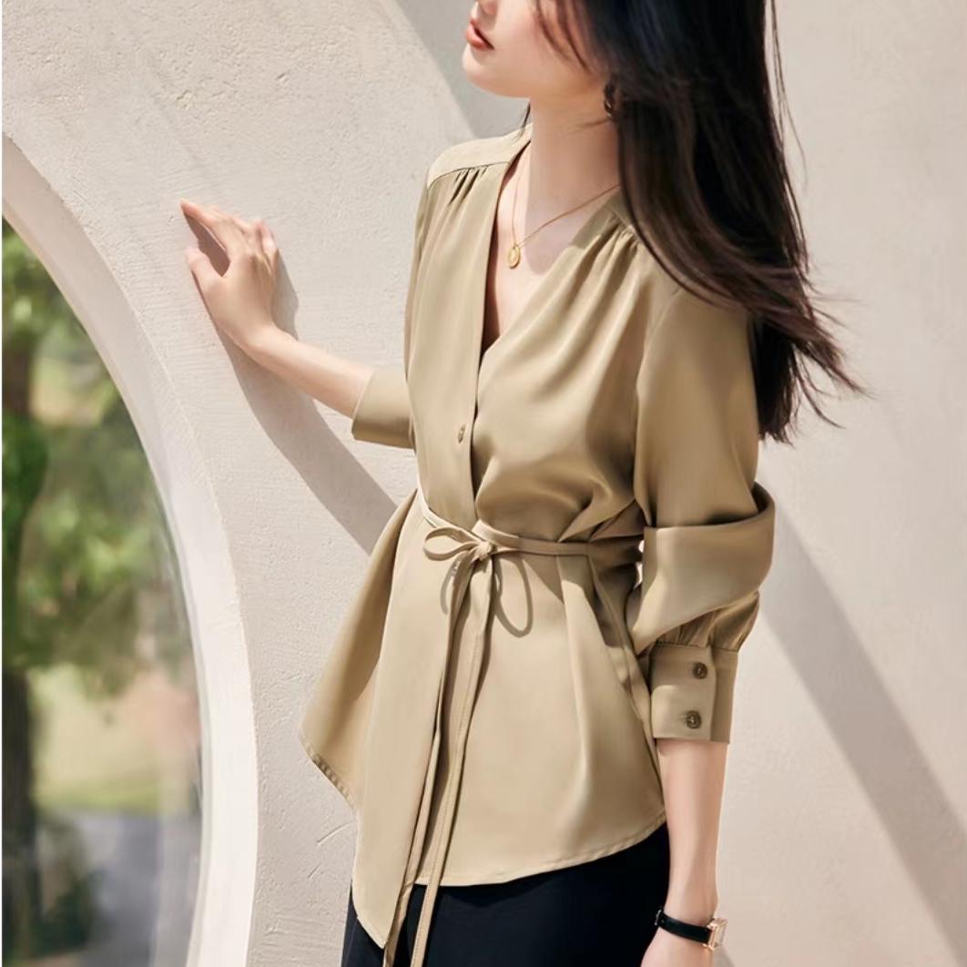 知性優雅純色收腰不對稱襯衫