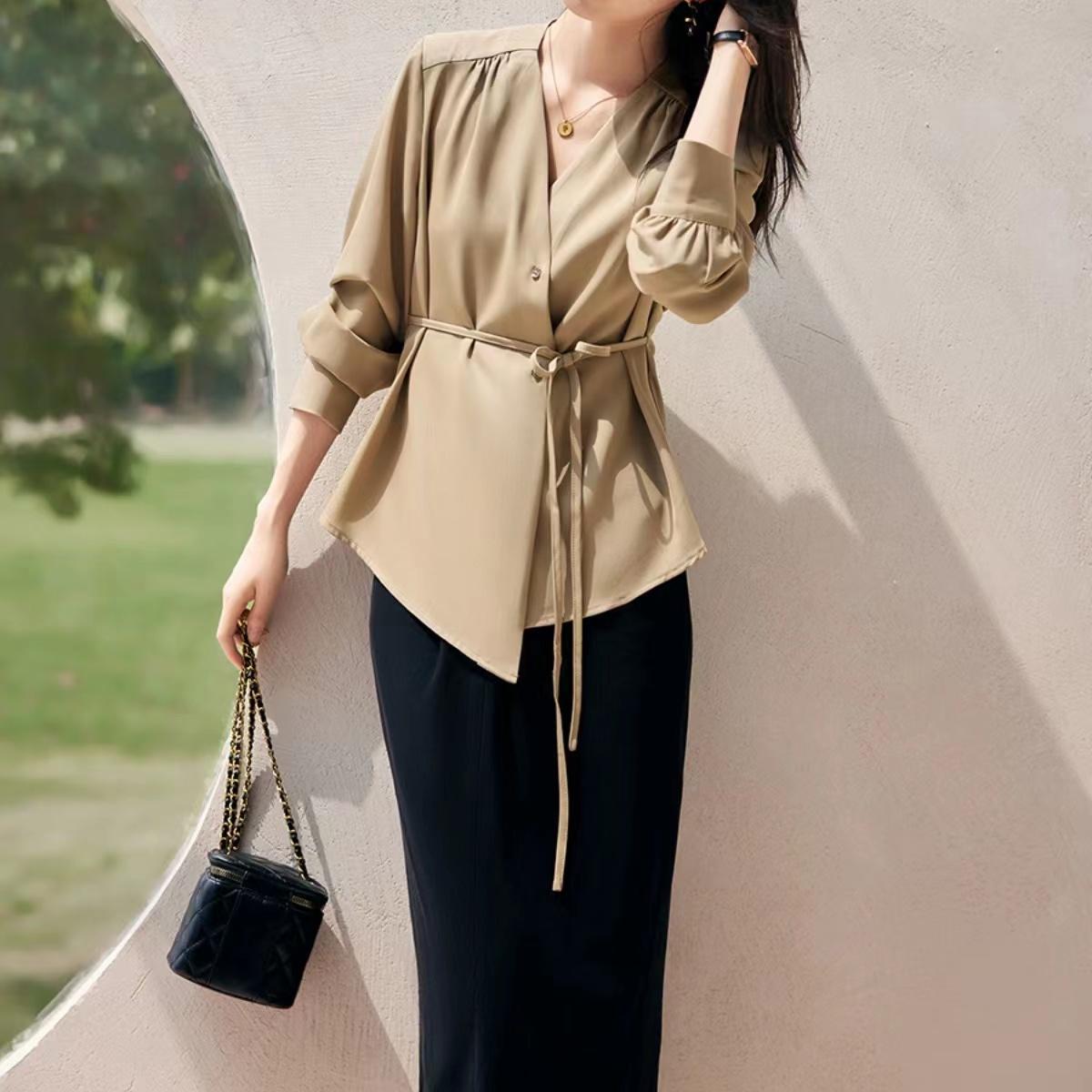 知性優雅純色收腰不對稱襯衫