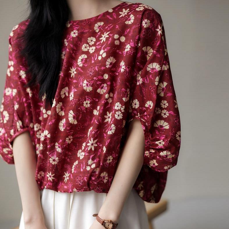 休閑碎花蝙蝠袖後蝴蝶結襯衫