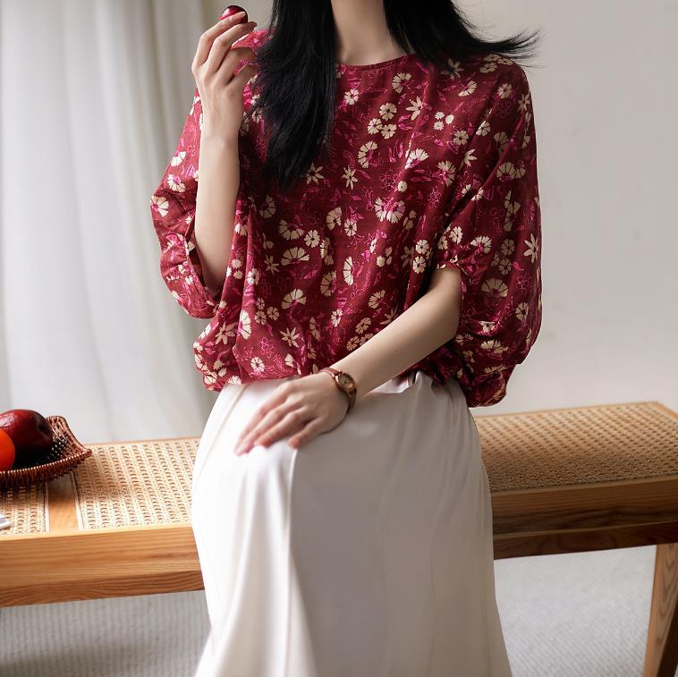 休閑碎花蝙蝠袖後蝴蝶結襯衫