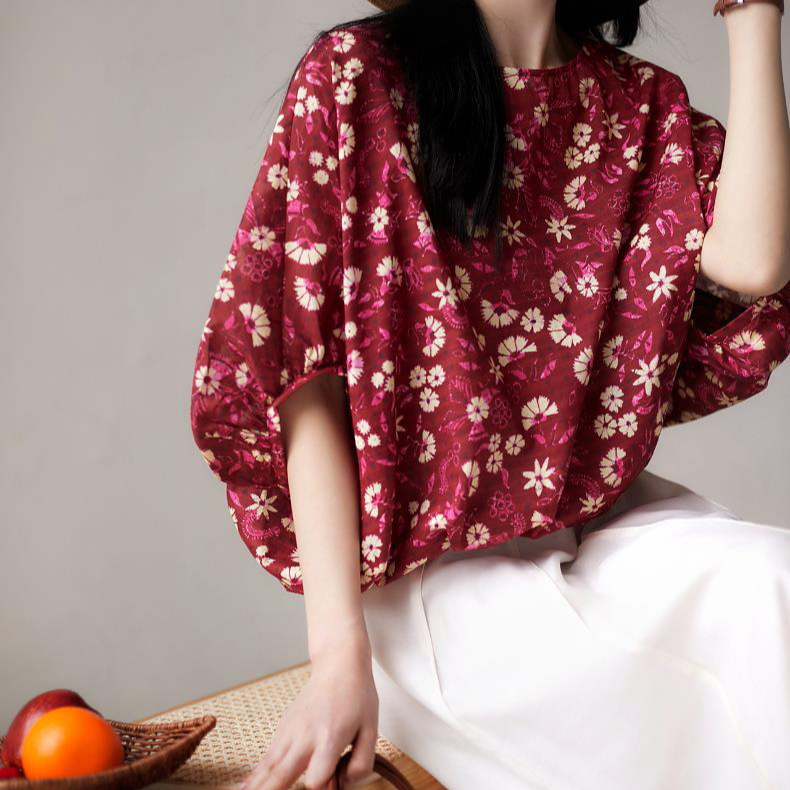 休閑碎花蝙蝠袖後蝴蝶結襯衫