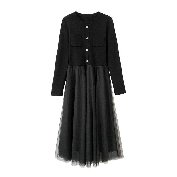 優雅小香風收腰黑色網紗拼接洋裝