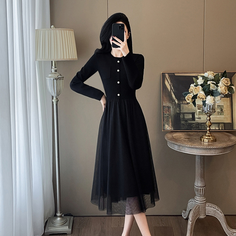 優雅小香風收腰黑色網紗拼接洋裝