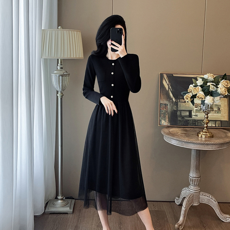 優雅小香風收腰黑色網紗拼接洋裝