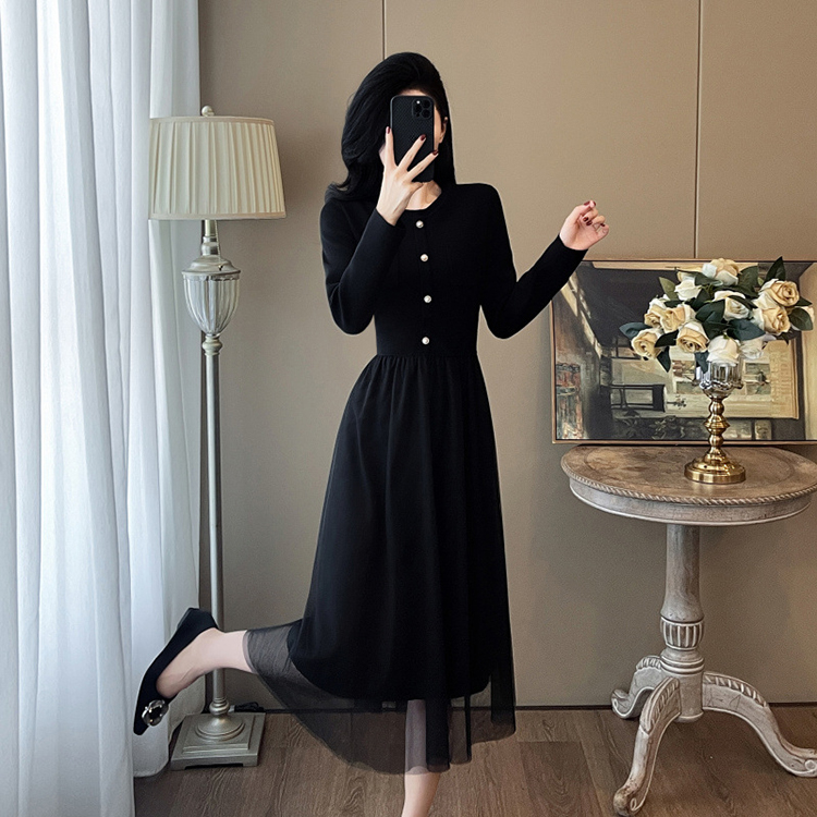 優雅小香風收腰黑色網紗拼接洋裝