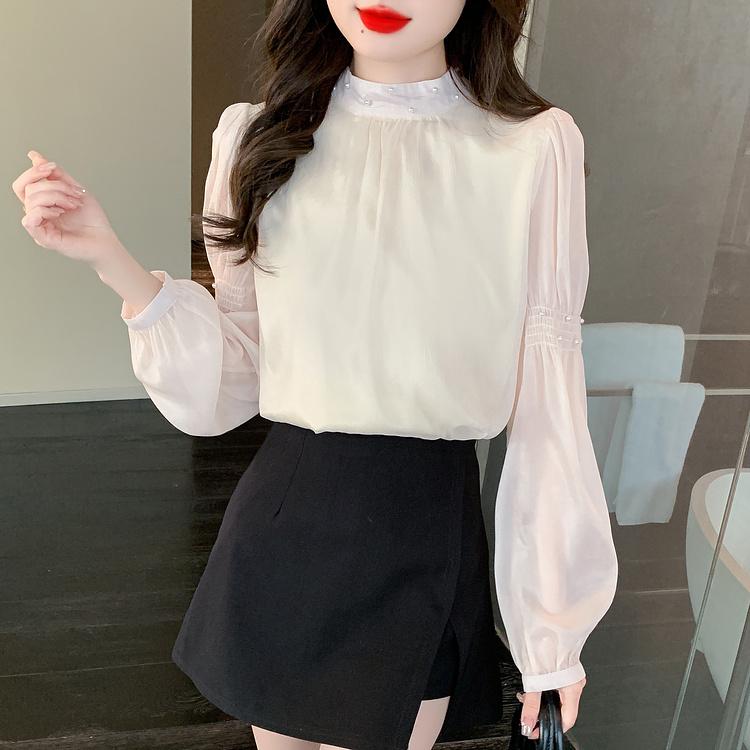 甜美純色釘珠長袖雪紡襯衫