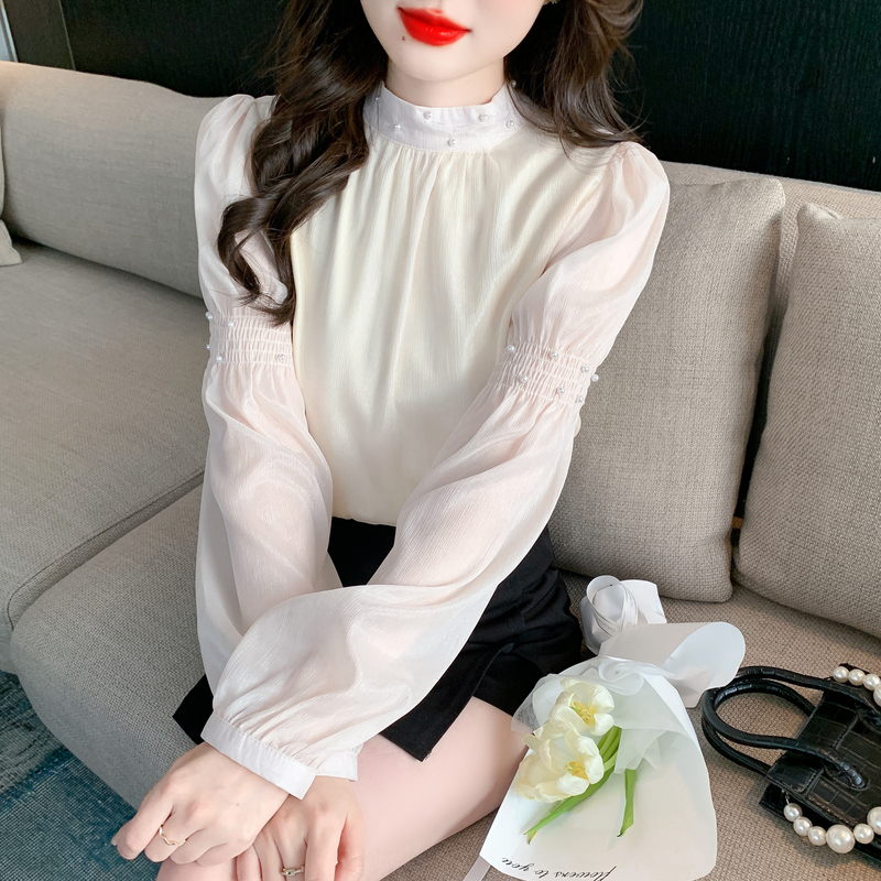 甜美純色釘珠長袖雪紡襯衫