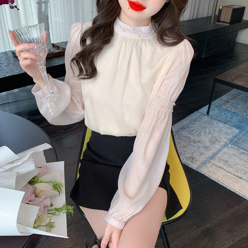 甜美純色釘珠長袖雪紡襯衫