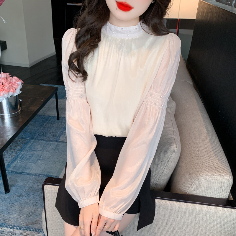 甜美純色釘珠長袖雪紡襯衫