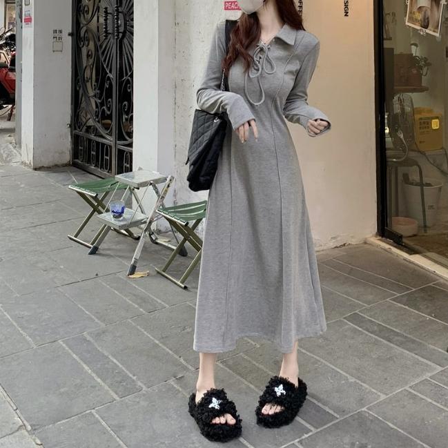 慵懶風顯瘦收腰長袖連身裙