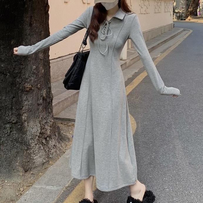 慵懶風顯瘦收腰長袖連身裙