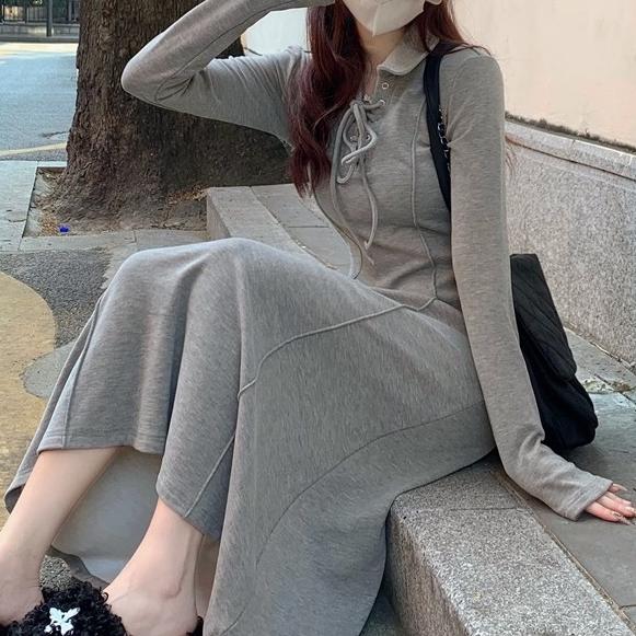 慵懶風顯瘦收腰長袖連身裙