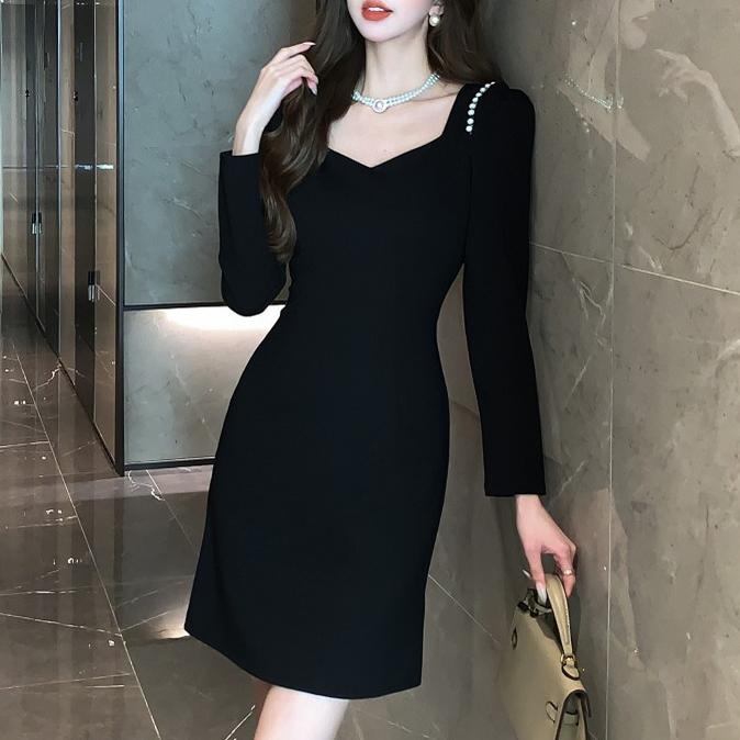 赫本風純色方領短洋裝