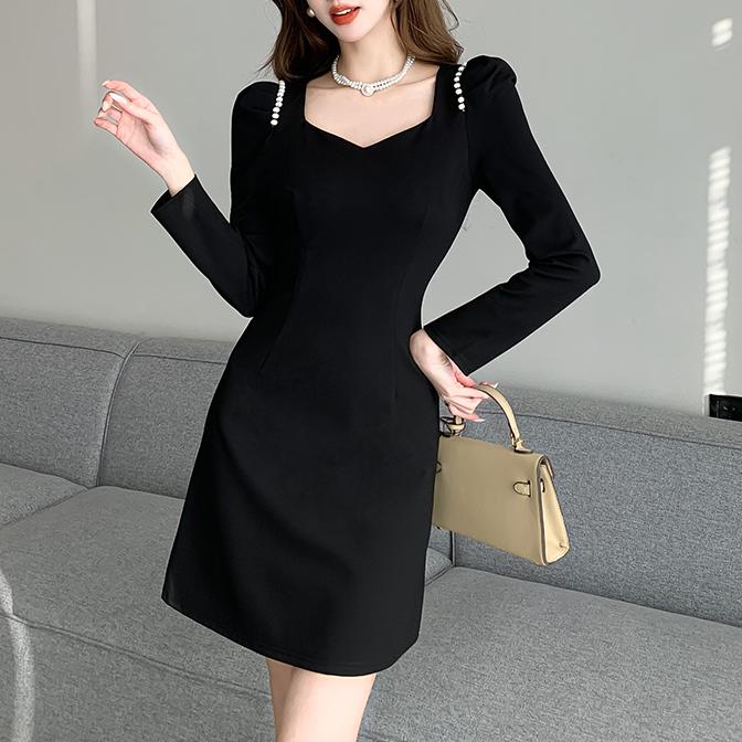 赫本風純色方領短洋裝