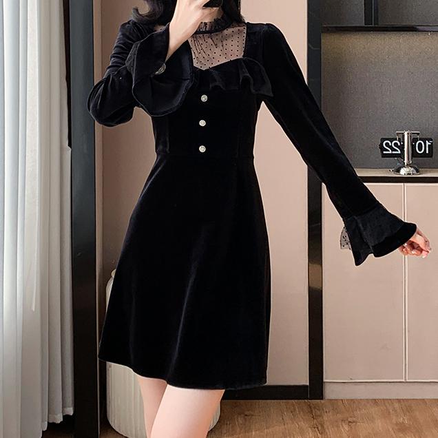 法式復古網紗拼接絲絨連身裙