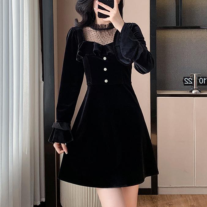 法式復古網紗拼接絲絨連身裙