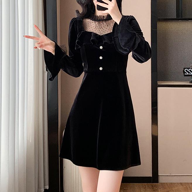 法式復古網紗拼接絲絨連身裙