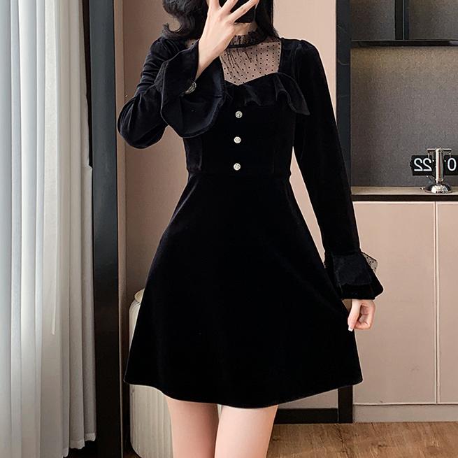 法式復古網紗拼接絲絨連身裙