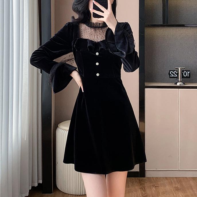 法式復古網紗拼接絲絨連身裙