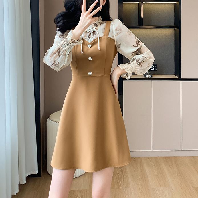 甜美花色拼接假兩件茶歇連身裙