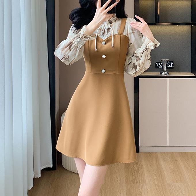 甜美花色拼接假兩件茶歇連身裙