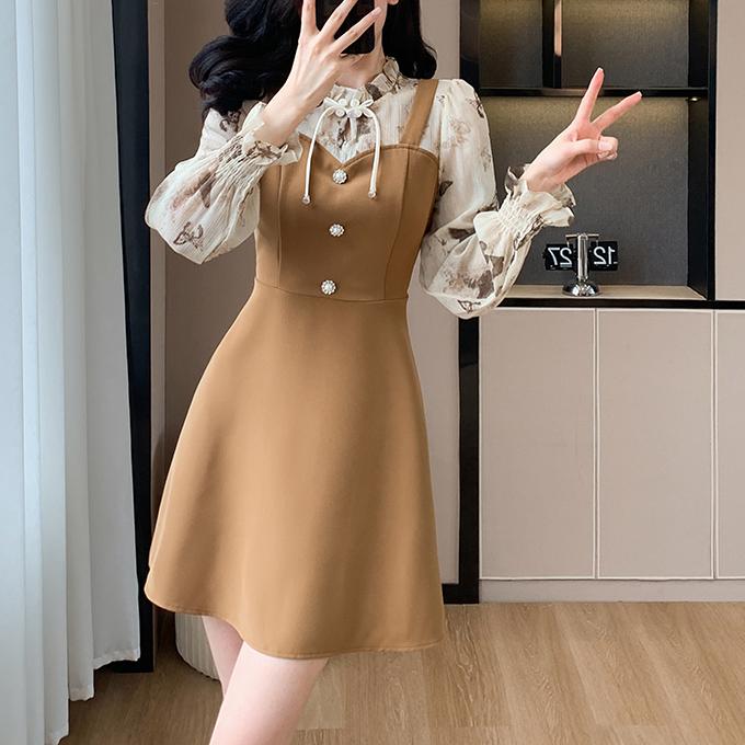 甜美花色拼接假兩件茶歇連身裙