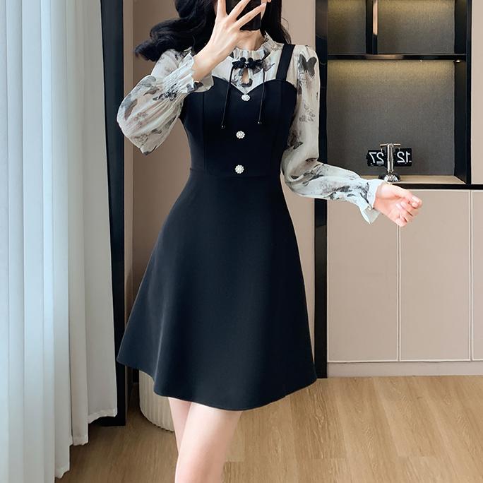 甜美花色拼接假兩件茶歇連身裙