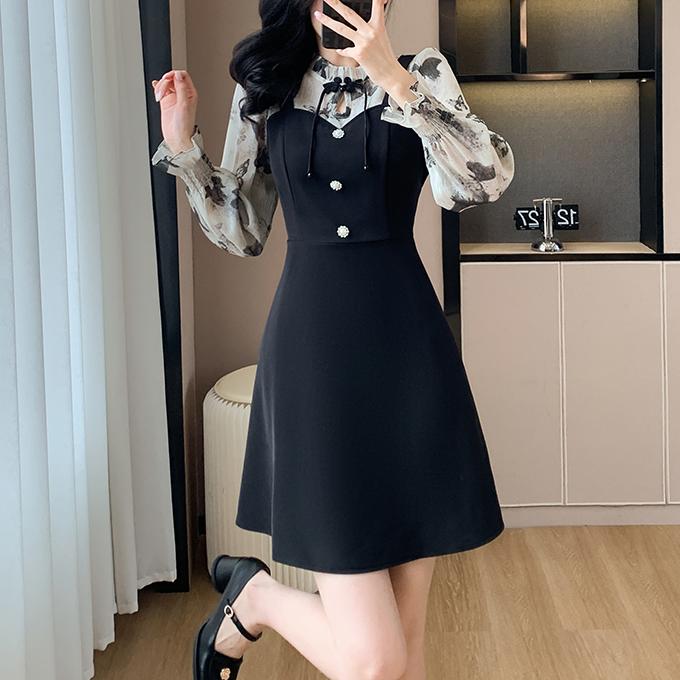 甜美花色拼接假兩件茶歇連身裙