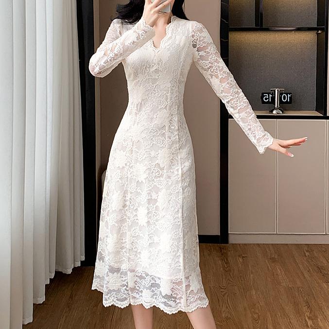 甜美純色蕾絲V領連身裙