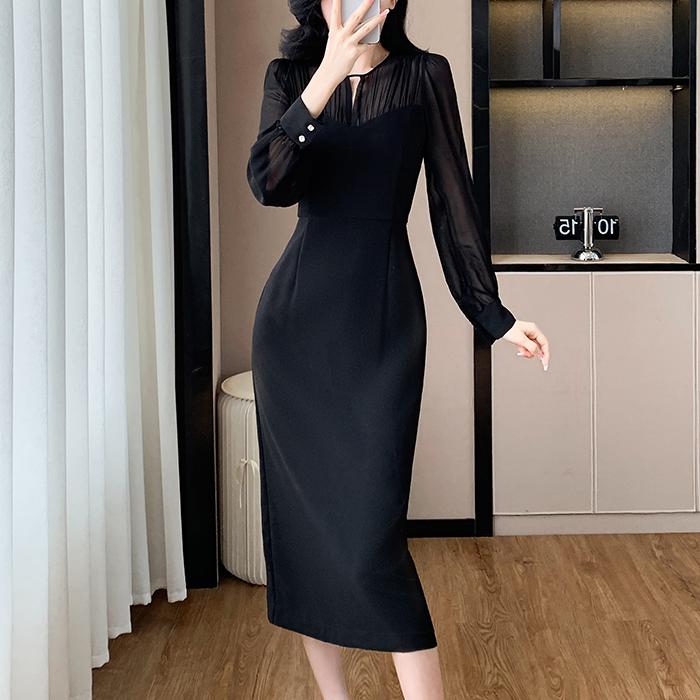 法式假兩件收腰長袖連身裙