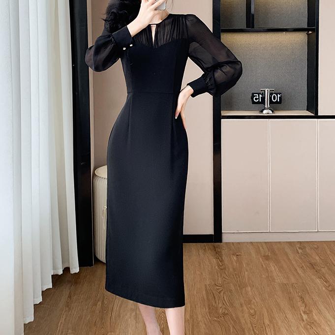 法式假兩件收腰長袖連身裙