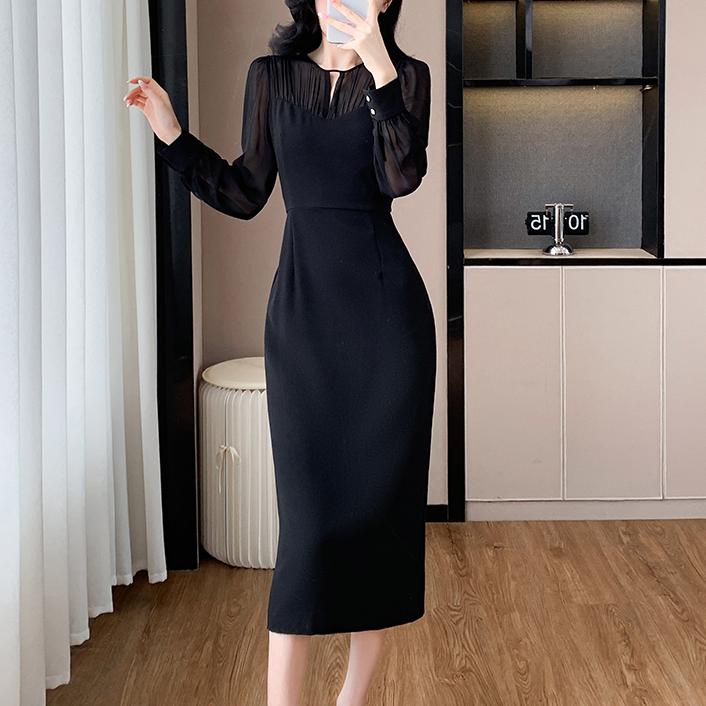 法式假兩件收腰長袖連身裙