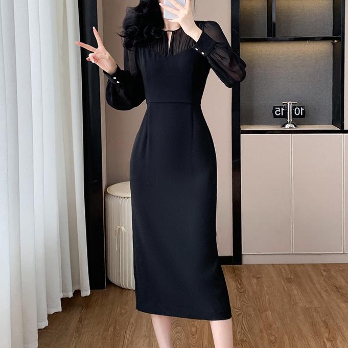 法式假兩件收腰長袖連身裙