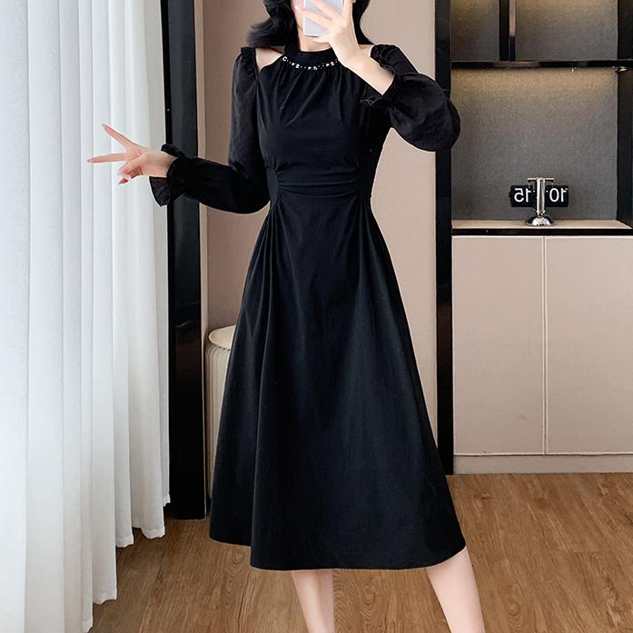 氣質露肩掛脖收腰褶皺a字洋裝