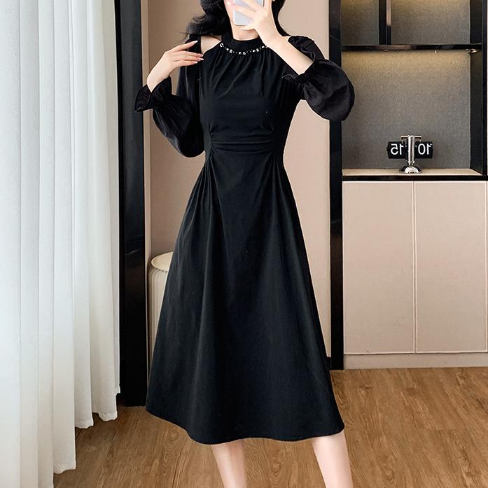 氣質露肩掛脖收腰褶皺a字洋裝