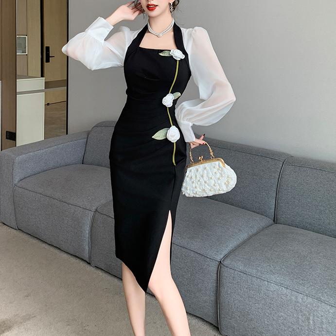 法式撞色方領中長連身裙