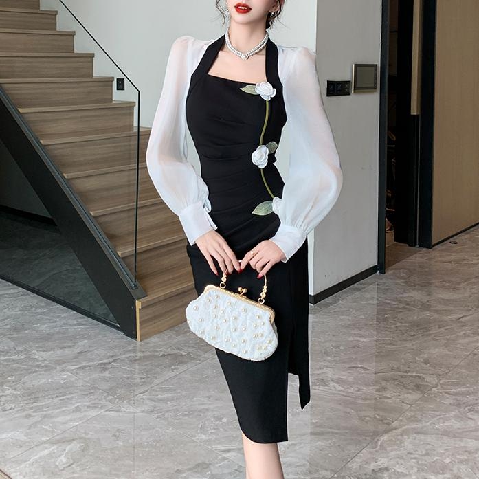 法式撞色方領中長連身裙