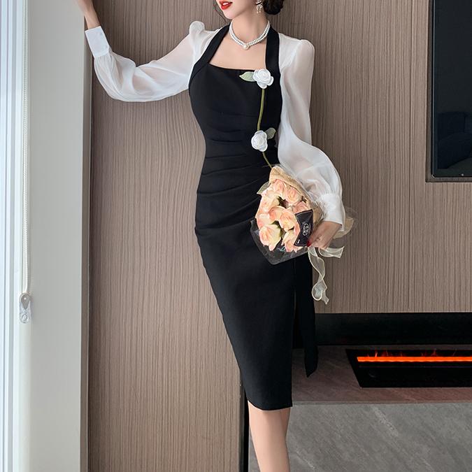 法式撞色方領中長連身裙