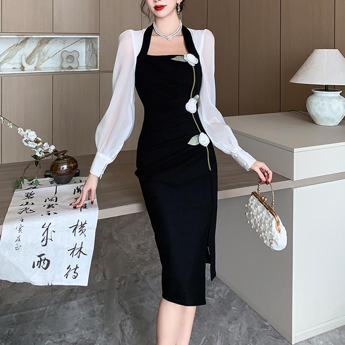 法式撞色方領中長連身裙