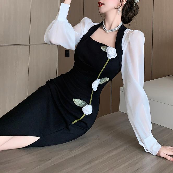 法式撞色方領中長連身裙