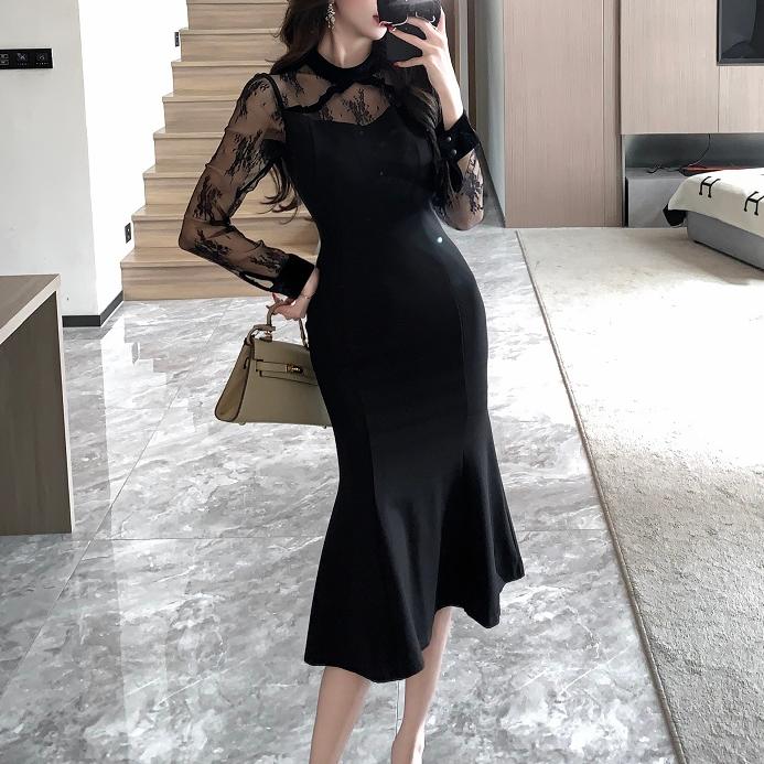 法式網紗拼接魚尾包臀中長洋裝