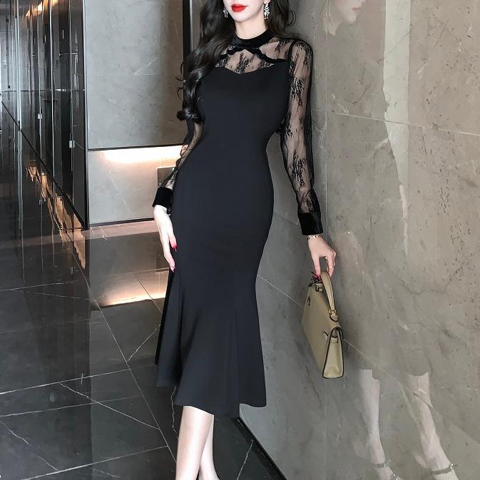 法式網紗拼接魚尾包臀中長洋裝